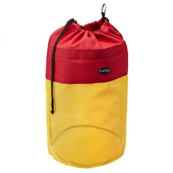 A yellow and red NRS Mesh Drag Bag on a white background.