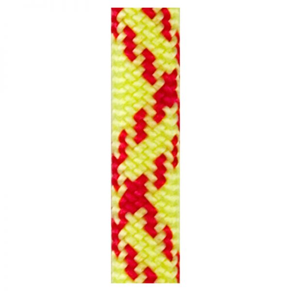 A yellow and red 7.7MM ICE FLOSS DYNAMIC TWIN ROPE on a white background.