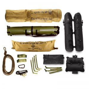 A Sked® Complete Rescue System - O.D. Green, including a bag and a rope.