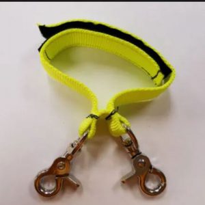 A pair of yellow EP225 MABAS TEAM BAG (MUTUAL AID BOX ALARM SYSTEMS) lanyards with hooks on them.