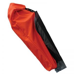 A red and black Cascade Abrasion Guard with a zipper on it.