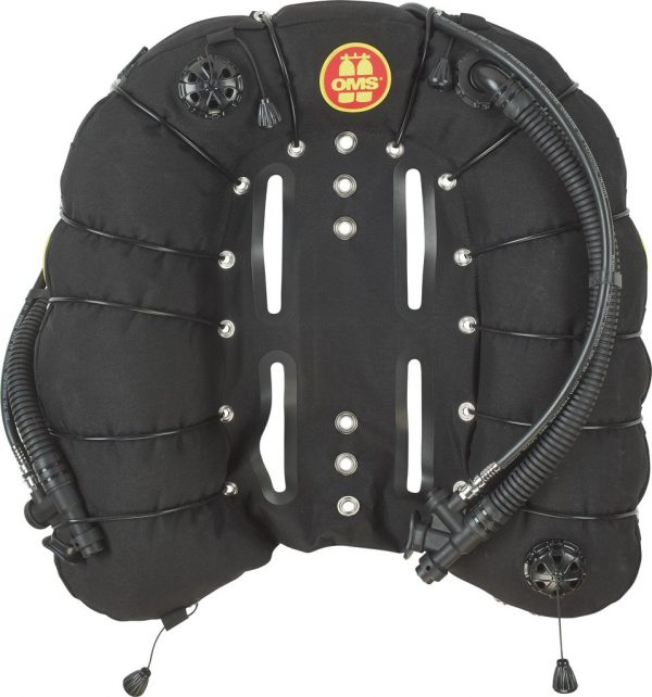 A black 60 LB (27 KG) TRIESTE WING scuba diving harness with hoses and hoses.