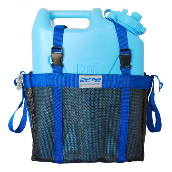 A Down River Water Jug Sling with a mesh bag attached to it.