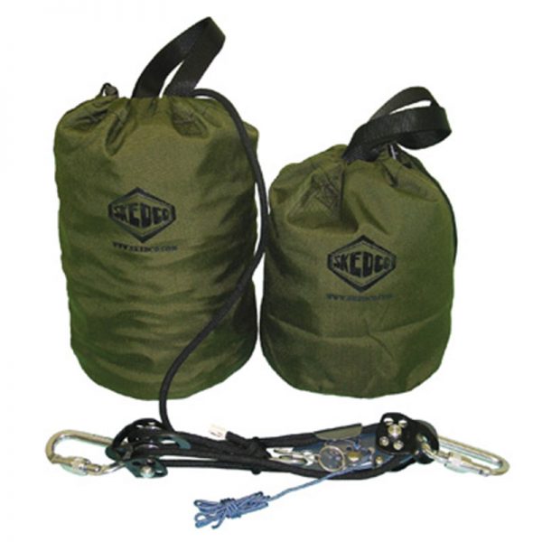 Two SKEDCO 75′ 4:1 Micro Hauler Rescue Kits with a rope and a carabiner.