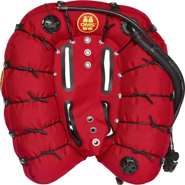 A red 60 LB (27 KG) TRIESTE WING scuba bag with a hose attached to it.