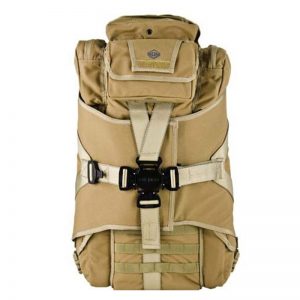 A tan backpack with straps and buckles.