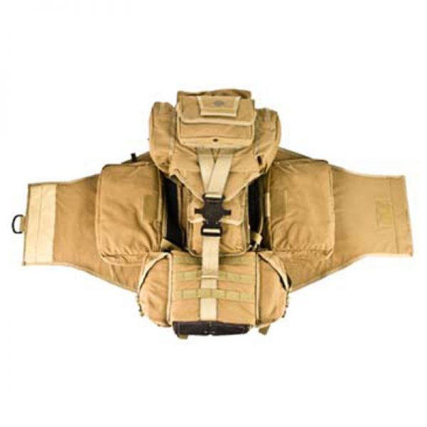 A tan SKEDCO, KIT, COMBAT CASEVAC, SOF MOBILITY, US Pat No. 8118201 backpack on a white background.