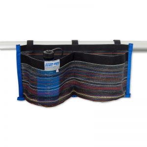 A blue and black striped Down River Double Cup Holder on a pole.