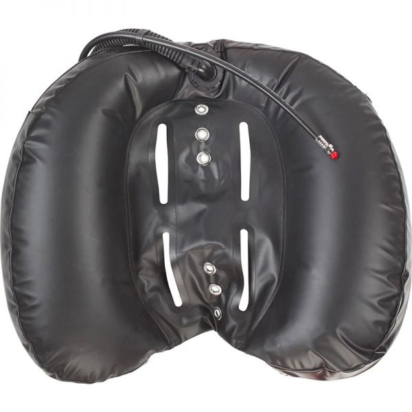 A black inflatable 45 LB (20 KG) OCEAN WING pillow with a hose attached to it.