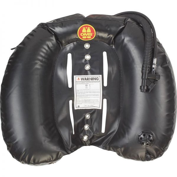 A black inflatable 45 LB (20 KG) OCEAN WING with a hose attached to it.