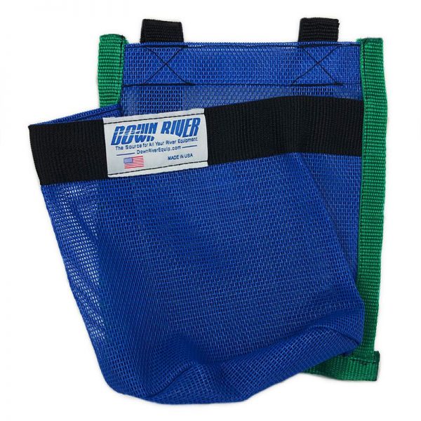 A blue and green Down River Single Cup Holder mesh bag on a white background.