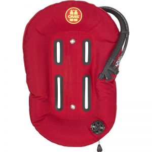 A red scuba 32 LB (14.5 KG) PERFORMANCE MONO WING bag with a hose attached to it.