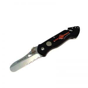 A black and orange WARFIGHTER MEDIC™ EXTREME MEDICINE®-RESCUE KNIFE on a white surface.