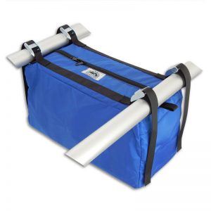 A blue bag with two handles on it.