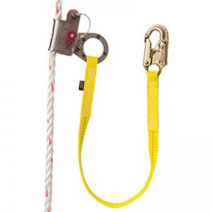 A yellow High Visibility Fall Protection Vest - Elite Tower Climbing Harness with Seat Sling lanyard with a carabiner attached to it.