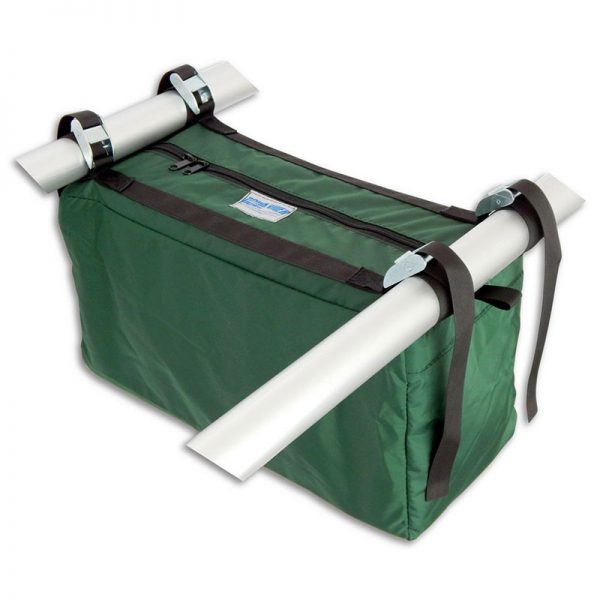 A green bag with two poles attached to it.