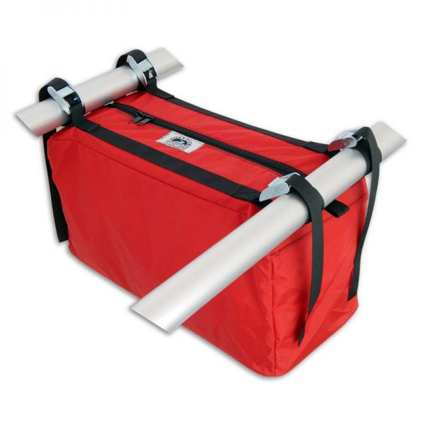 A red bag with two handles on it.