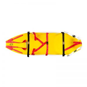 A yellow and red COMPLETE HMH Sked® RESCUE SYSTEM with strap kit (Assembled & Rolled) on a white background.