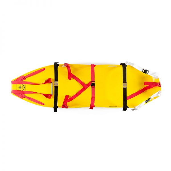 A yellow and red COMPLETE HMH Sked® RESCUE SYSTEM with strap kit (Assembled & Rolled) on a white background.