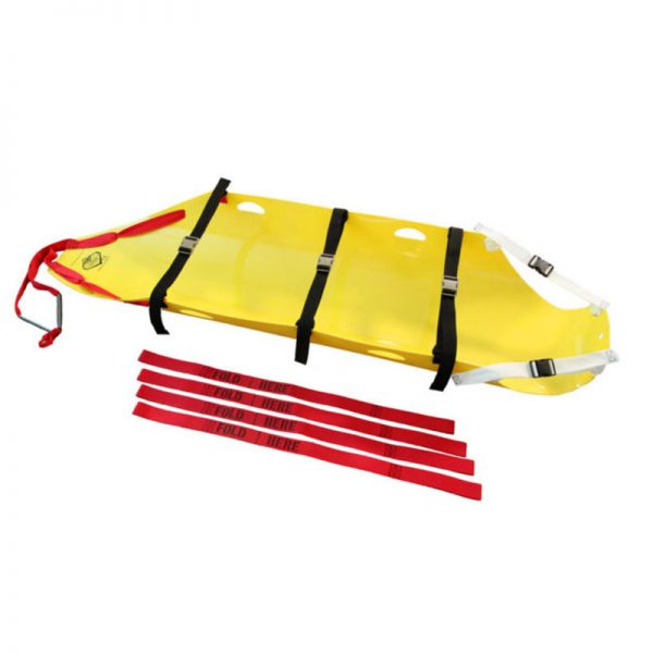 A yellow COMPLETE HMH Sked® RESCUE SYSTEM with red straps and strap kit (Assembled & Rolled).