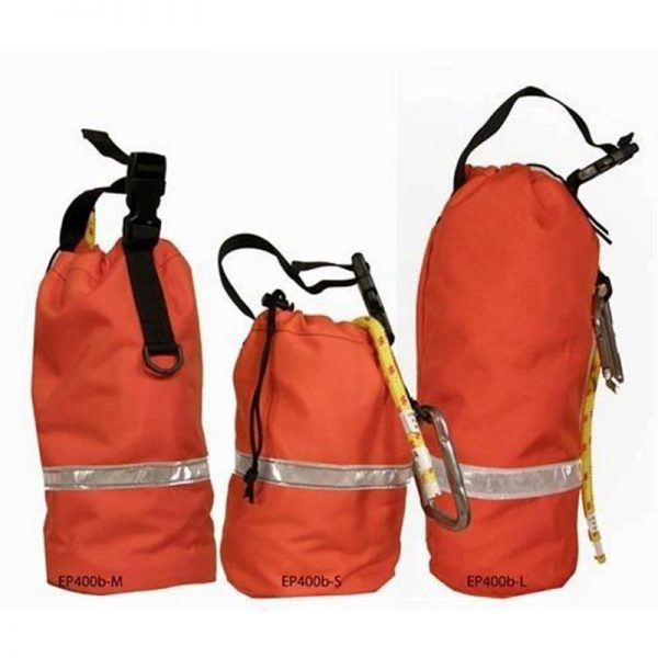 Three EP400B-S - SMALL BASIC RESCUE THROW BAGS with a rope attached to them.