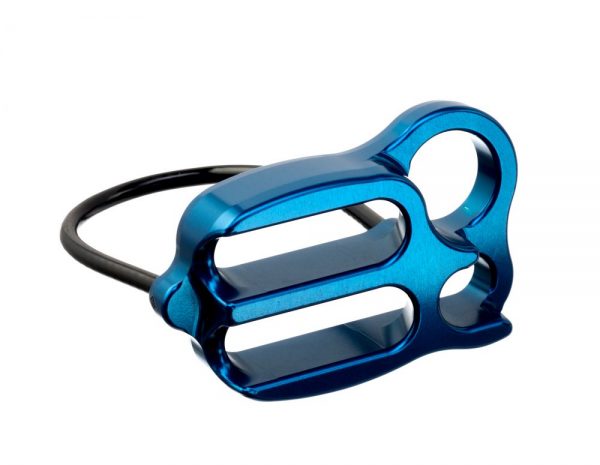 A blue Spire - Multi-pitch Belay & Rappel Device with a black handle.