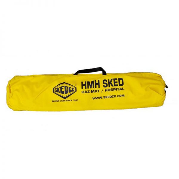A yellow bag with the COMPLETE HMH Sked® RESCUE SYSTEM with strap kit (Assembled & Rolled) on it.