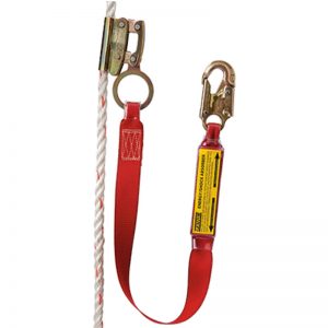 A High Visibility Fall Protection Vest - Elite Tower Climbing Harness with Seat Sling with a carabiner attached to it.