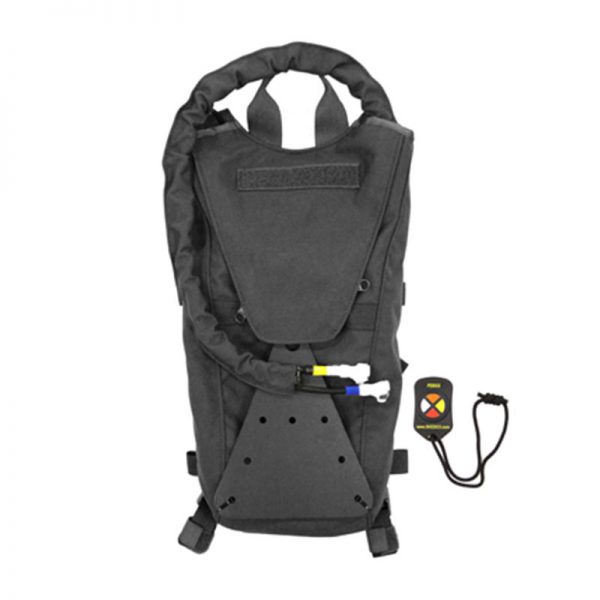 A black backpack with a hydration pack attached to it.