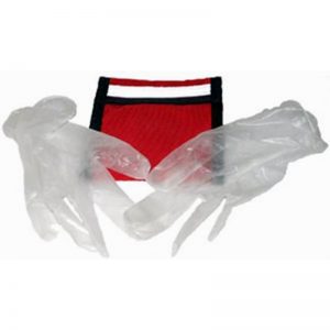 A pair of plastic gloves with a red EP055 - C-COLLAR PAK pouch.