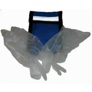 A pair of blue EP055 - C-COLLAR PAK gloves with a plastic bag on top.