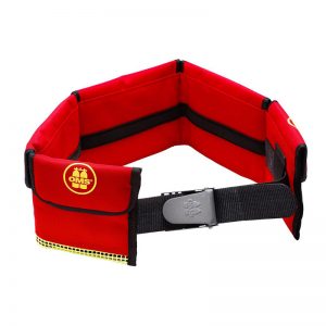 A red and black SOFT WEIGHT BELT WITH OMS ALUMINUM BUCKLE.