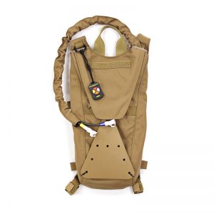 A tan backpack with a hydration pack attached to it.