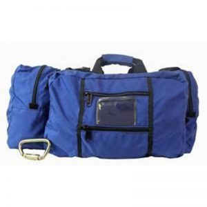 A blue duffel bag on a white background.
