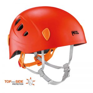 A PICCHU helmet with orange straps and a white background.