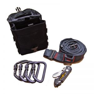 A black bag with a SKED-EVAC® Kevlar YAK™ Strap Kit, a knife and a carabiner.