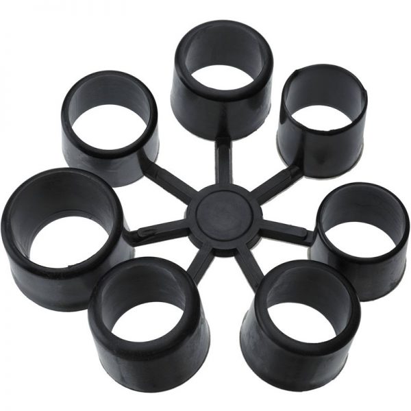 A Scoprega GP 5 Foot Pump set of six black plastic rings on a white background.