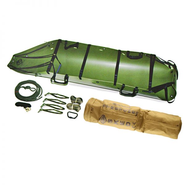 A green stretcher with accessories and equipment.