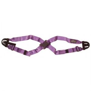 A purple strap with black buckles on a white background.