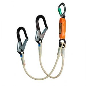 A SPRAT48 STERNAL ATTACHMENT 48" LANYARD W/2.5 INCH ALUMINUM HOOKS with two hooks and a carabiner.
