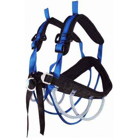 A blue and black 505 BIG WALL RACK harness with two straps.
