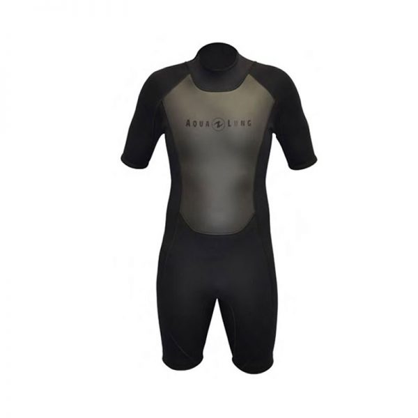 An AquaFlex 3 MM, Shorty, Black wetsuit with a black logo on it.