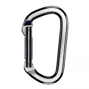 An image of a carabiner on a white background.