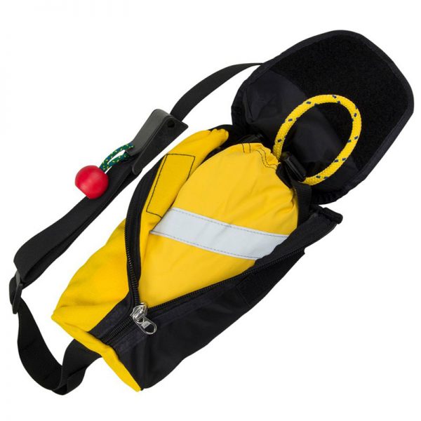 A yellow and black NRS Pro Guardian Wedge Waist Throw Bag with a rope attached to it.