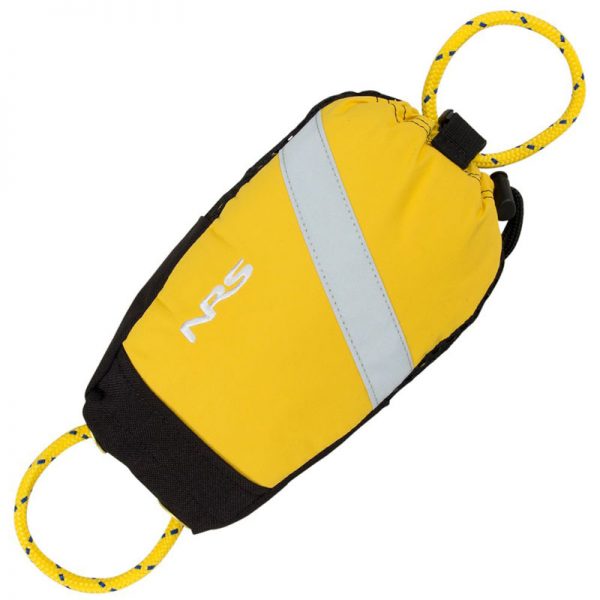A yellow NRS Pro Guardian Wedge Waist Throw Bag with a rope attached to it.