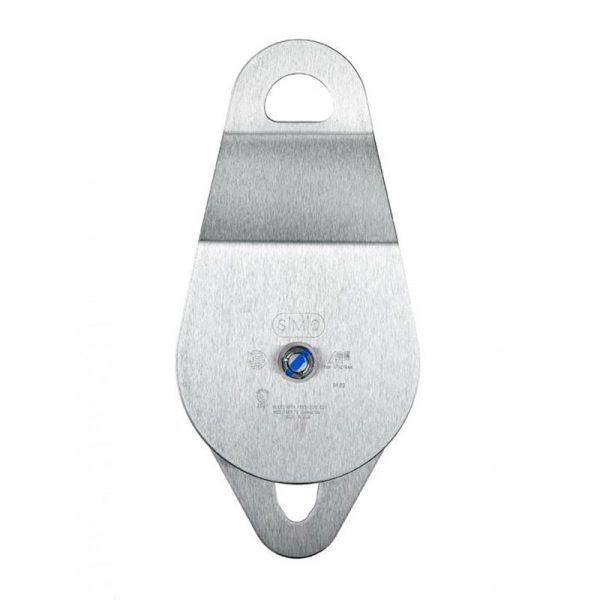 A 2" SMC/ RA Double Stainless Steel Pulley with a blue hole on it.