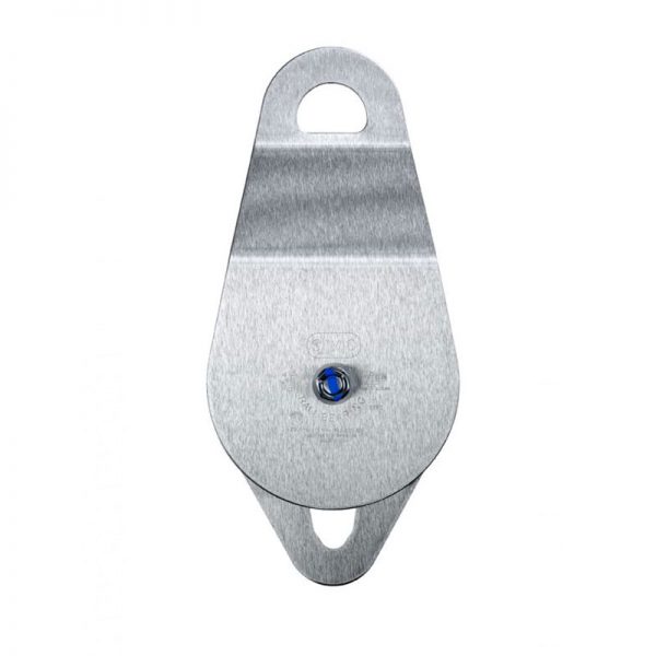 A 2" SMC/ RA Double Stainless Steel Pulley with a blue dot on it.