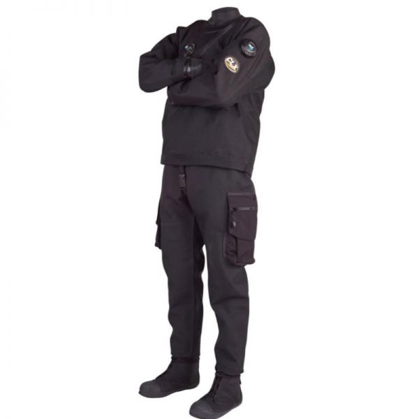 A man is standing with his arms crossed in front of a CF200X DRYSUIT.