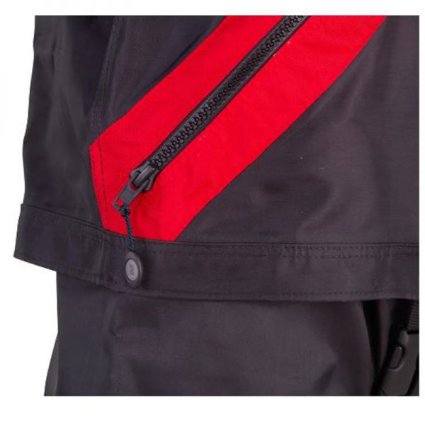 A black and red CF200X DRYSUIT with zippers.
