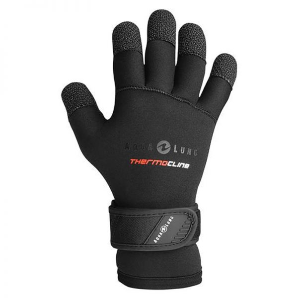 A pair of Aleutian K-Gloves, 3mm, with an orange logo on them.